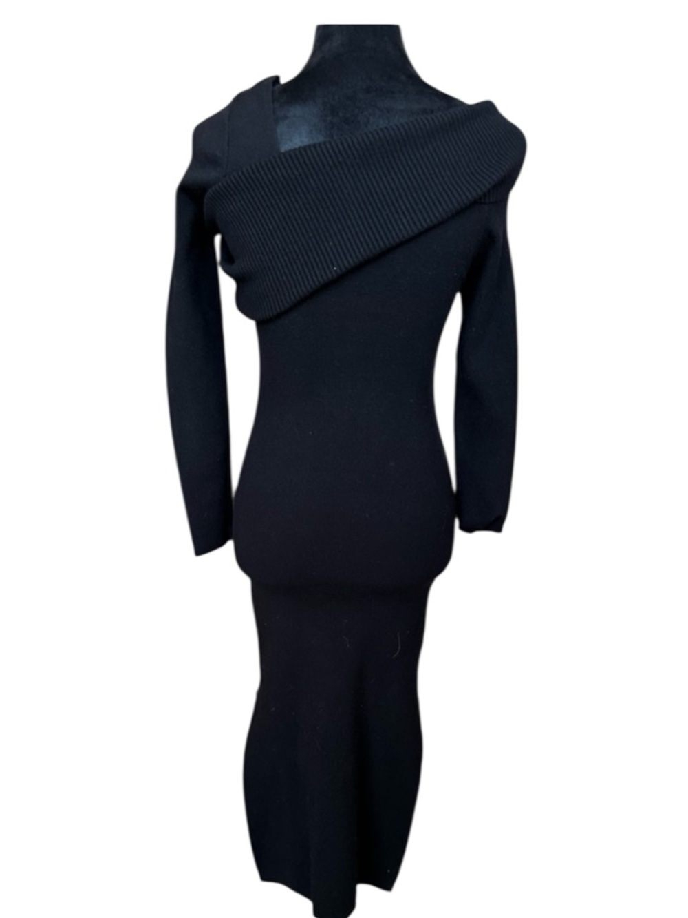 Line and Dot Black One Shoulder Knit Midi Dress Sml Fitted Asymmetrical Foldover